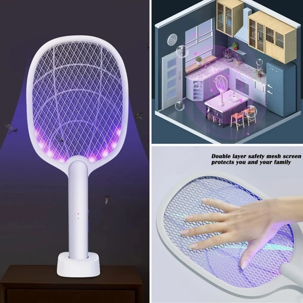 Şarjlı Sinek Öldürücü Masaüstü Standlı,Mor Işık Sinek Kovucu Raket 5w (2818) - Resim 3