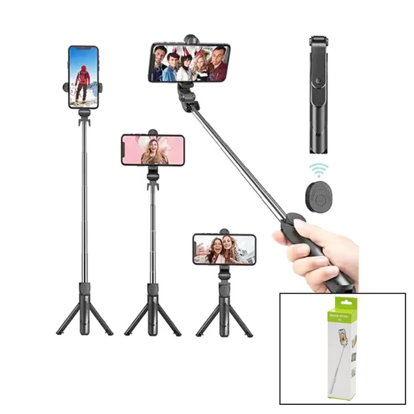 SİYAH  SELFİ ÇUBUK - TRİPOD AYAKLI  57CM UZAYAN-KISALAN SAPLI + 10CM =67CM (2818) ürün görseli 1