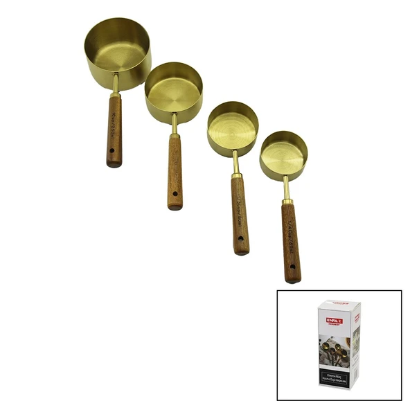 4PCS  GOLD METAL ÖLÇÜ KAŞIK SET OTANTİK AĞAÇ KULP 1CUP: 250ML - 1/2 CUP: 125ML - 1/3 CUP: 80ML - 1/4 CUP: 60ML (2818) ürün görseli 1