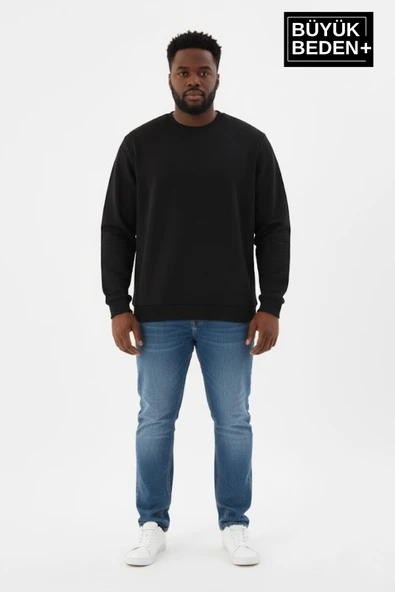 Erkek Büyük Beden Bisiklet Yaka Kollar ve Etek Ribanalı İnce Sweatshirt SPR26BSW956 - Resim 3