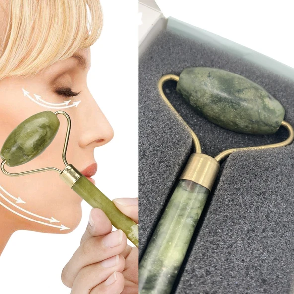 Özel Süngerli Kutusunda Kırılmaz Çift Taraflı 2li Cilt Yüz Masaj Aleti Jade Roller Yeşim Taşı (2818) ürün görseli