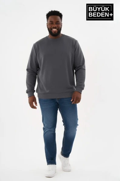 Erkek Büyük Beden Bisiklet Yaka Kollar ve Etek Ribanalı İnce Sweatshirt SPR26BSW956 - Resim 7
