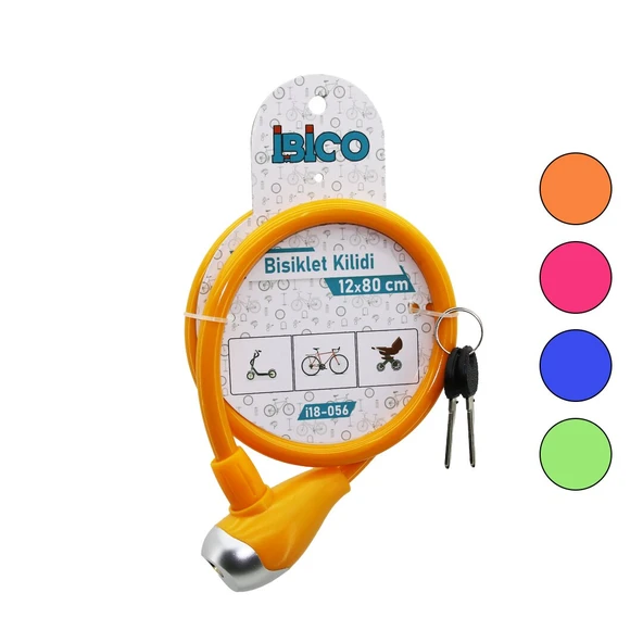 ANAHTARLI METAL UÇLU PLASTİK KAFA BİSİKLET KİLİT ÇELİK TEL RENKLİ KILIF 12MMX80CM (2818) ürün görseli 1