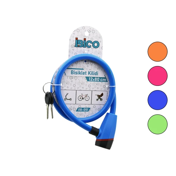 ANAHTARLI PLASTİK KAFA BİSİKLET KİLİT ÇELİK TEL RENKLİ KILIF 12MMX80CM (2818) ürün görseli 1