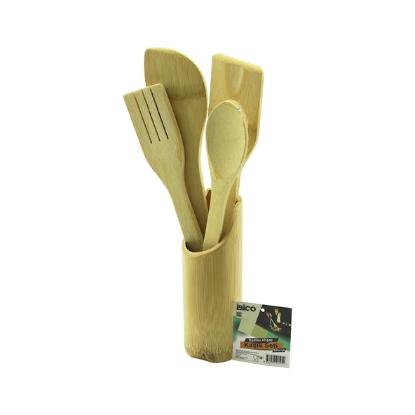 5PCS AHŞAP BAMBU MUTFAK SETİ STAND - KAŞIK - ÇATAL - 2 SPATULA FİLELİ (2818) ürün görseli 1