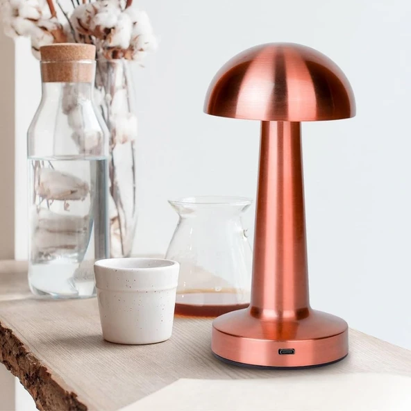 Mantar Model Bronz Renk Şarjlı Dokunmatik 3 Renkli LED Masa Lambası (2818) - Resim 3