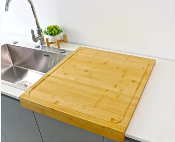 38X45CM AHŞAP BAMBU KESİM PANOSU - KESME TAHTASI TEZGAH ÜSTÜ  KANALLI - KENAR DESTEKLİ (2818) ürün görseli 1