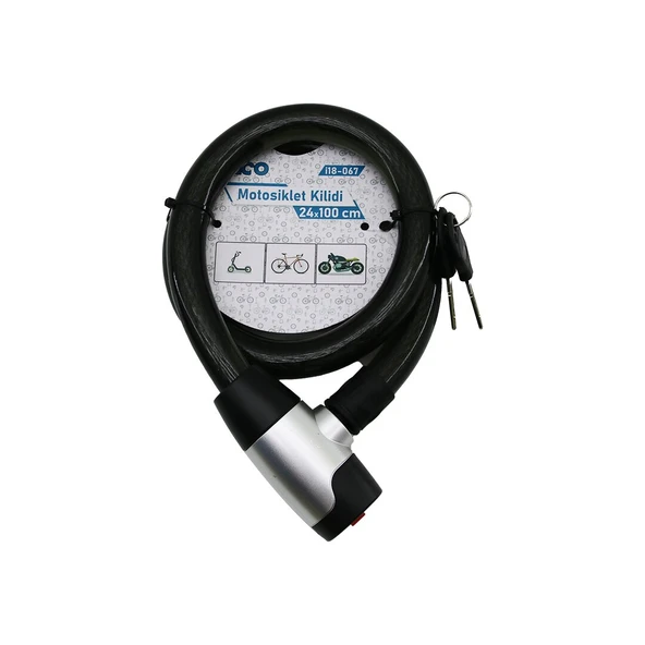 ANAHTARLI METAL KAPLAMA KAFA ÇEK-İT KİLİT KAPAK MOTOR - BİSİKLET KİLİT ÇELİK TEL SİYAH ŞEFFAF KILIF 24MMX100CM (2818) ürün görseli 1