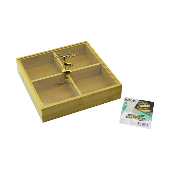 KARE 4 BÖLMELİ=2IN1=BÖLMESİZ ÇOK AMAÇLI KUTU AHŞAP BAMBU SERVİS SUNUM TEPSİ - TAHTASI 22X22X5CM (2818) ürün görseli 1