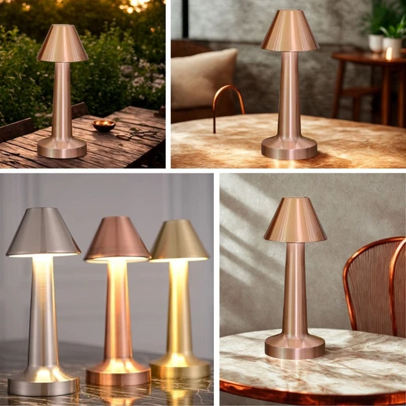 Çatı Model Bronz Renk Şarjlı Dokunmatik 3 Renkli LED Masa Lambası (2818) - Resim 3