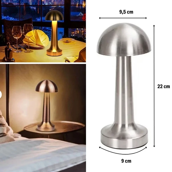 Mantar Model Silver Renk Şarjlı Dokunmatik 3 Renkli LED Masa Lambası (2818) - Resim 3