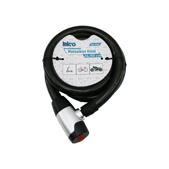 ANAHTARLI AÇ-KAPA KİLİT KAPAKLI MOTOR - BİSİKLET KİLİT ÇELİK TEL SİYAH ŞEFFAF KILIF 24MMX150CM (2818) ürün görseli 1