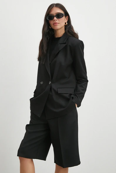 Çift Dügmeli Cep Kapaklı Blazer Ceket Siyah - Resim 3