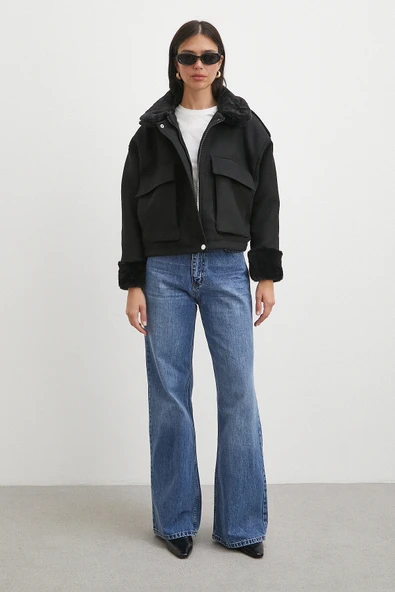 Apoletli Yünlü Körük Cepli Kaşe Mont Siyah - 2