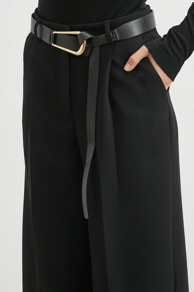 Deri Kemerli Geniş Paça Pantolon Siyah - Resim 5