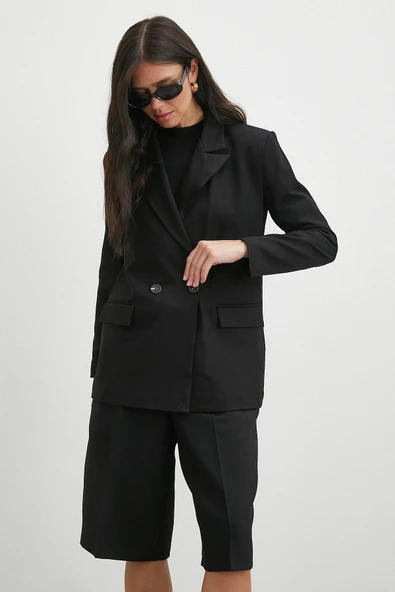 Çift Dügmeli Cep Kapaklı Blazer Ceket Siyah ürün görseli 1