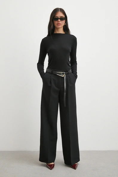 Deri Kemerli Geniş Paça Pantolon Siyah - Resim 3