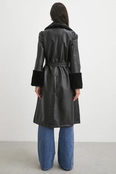 Kürklü Kuşaklı Deri Pardesü Siyah - Resim 6