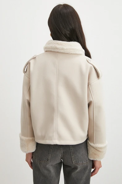 Apoletli Yünlü Körük Cepli Kaşe Mont Bej - Resim 6