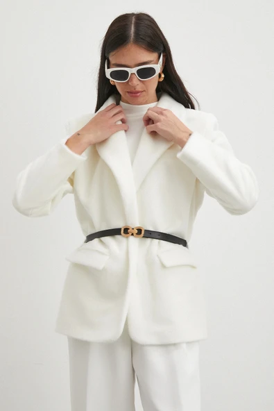 Kemerli Tay Flock Ceket Beyaz - 4