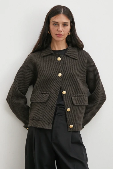 Polo Yaka Cepli Gold Düğmeli Ceket Kahve - Resim 2