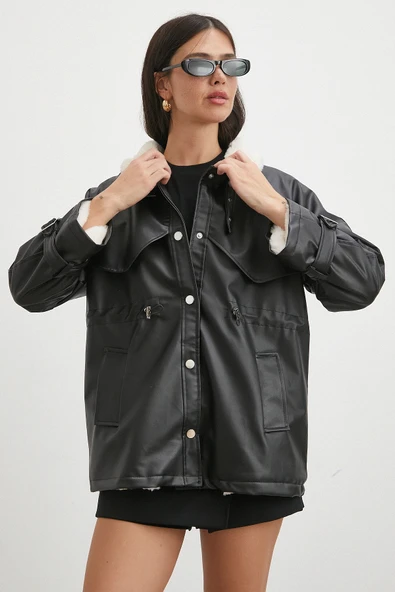 Kürklü Yaka Detaylı Deri Ceket Siyah ürün görseli 1