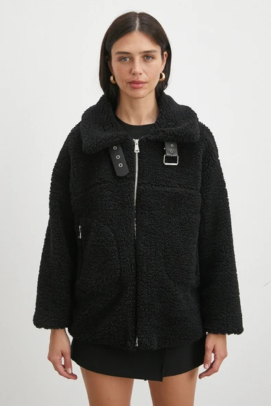 Yaka Detaylı Peluş Mont Siyah - Resim 4