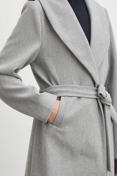 Kuşaklı Kaşe Kaban Gri - Resim 5