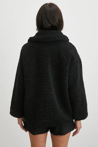 Yaka Detaylı Peluş Mont Siyah - Resim 6