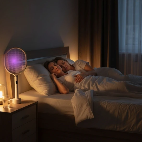 USB Şarjlı Beyaz Renk Kendiliğinden Standlı Şarj Göstergeli UV Işıklı Sinek Öldürme Raketi LTD-718 (2818) - Resim 5