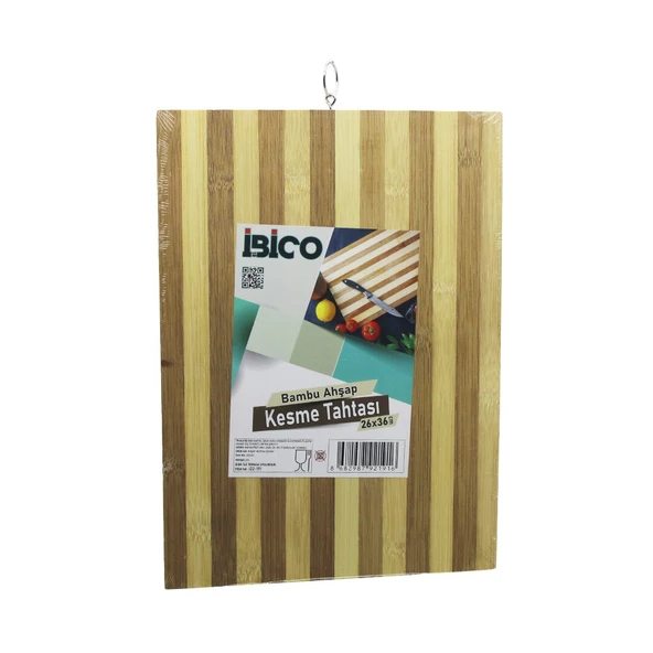 BEYAZ ÇİZGİLİ AHŞAP BAMBU KESİM PANOSU - KESME TAHTASI METAL KULPLU 26 X 36 X 1.4CM (2818) ürün görseli