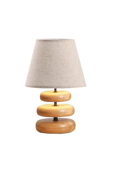 Afro Masif Ahşap Ayaklı Krem Keten Kumaş Şapkalı Dekoratif Abajur - Resim 2