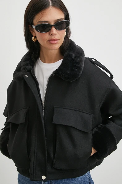 Apoletli Yünlü Körük Cepli Kaşe Mont Siyah - 4
