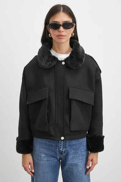 Apoletli Yünlü Körük Cepli Kaşe Mont Siyah - 5