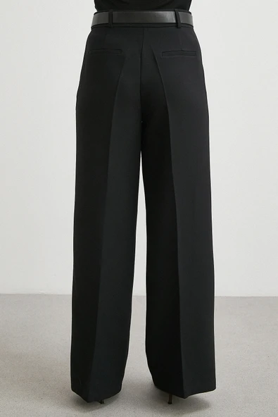 Deri Kemerli Geniş Paça Pantolon Siyah - Resim 6