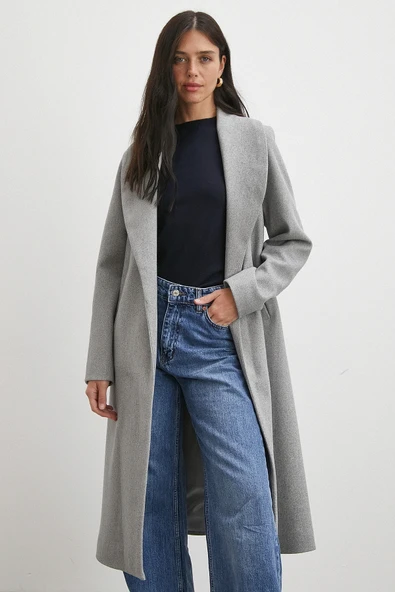 Kuşaklı Kaşe Kaban Gri - Resim 3