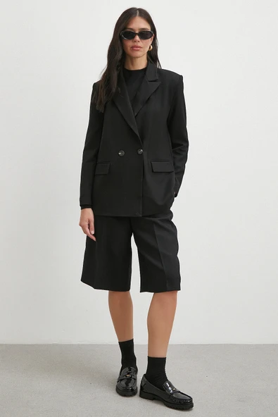 Çift Dügmeli Cep Kapaklı Blazer Ceket Siyah - Resim 4