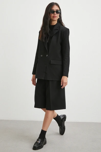 Çift Dügmeli Cep Kapaklı Blazer Ceket Siyah - Resim 2