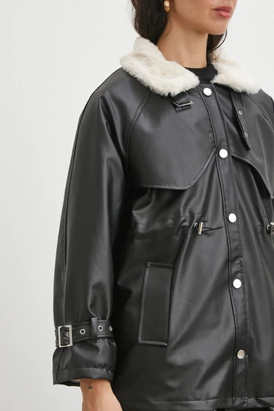 Kürklü Yaka Detaylı Deri Ceket Siyah - Resim 5