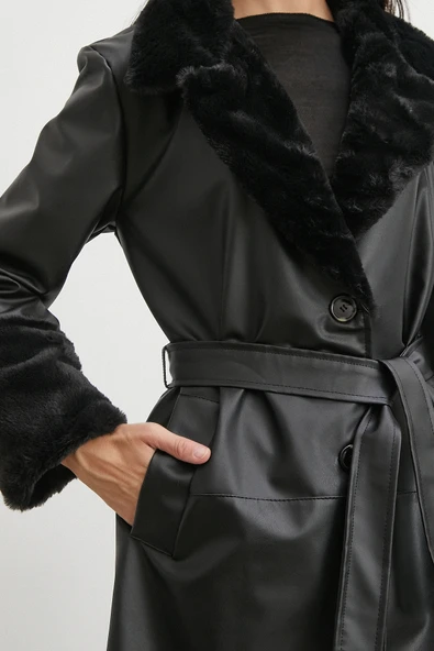 Kürklü Kuşaklı Deri Pardesü Siyah - Resim 5