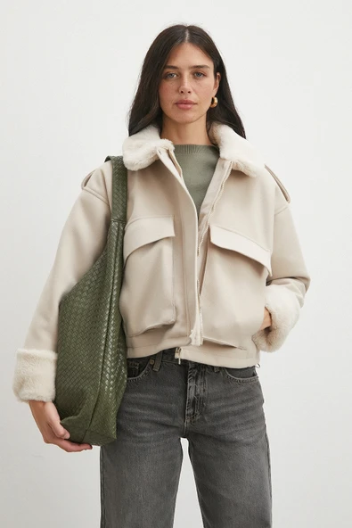 Apoletli Yünlü Körük Cepli Kaşe Mont Bej - Resim 2