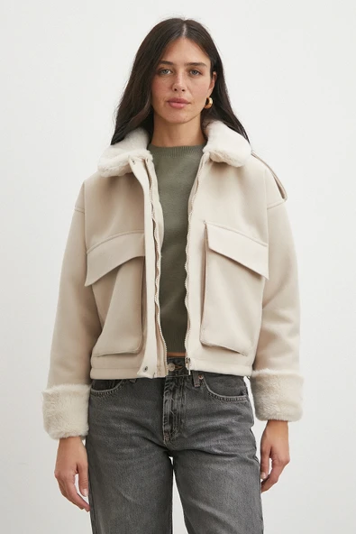 Apoletli Yünlü Körük Cepli Kaşe Mont Bej - Resim 3