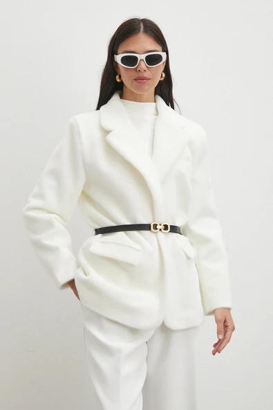 Kemerli Tay Flock Ceket Beyaz - 3