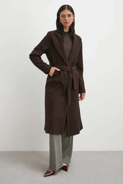 Kuşaklı Kaşe Kaban Kahve - Resim 2