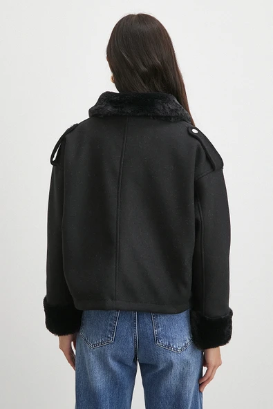 Apoletli Yünlü Körük Cepli Kaşe Mont Siyah - 6