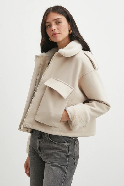 Apoletli Yünlü Körük Cepli Kaşe Mont Bej - Resim 4