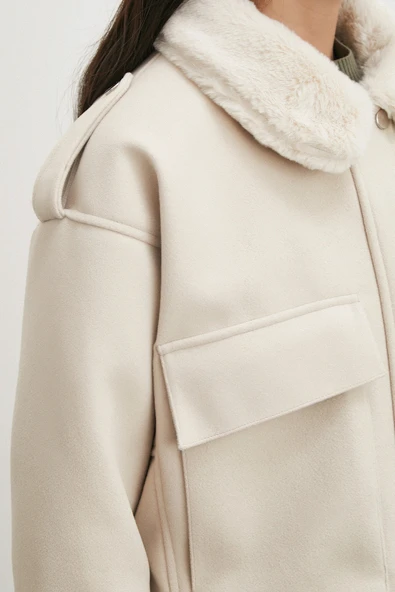 Apoletli Yünlü Körük Cepli Kaşe Mont Bej - Resim 5
