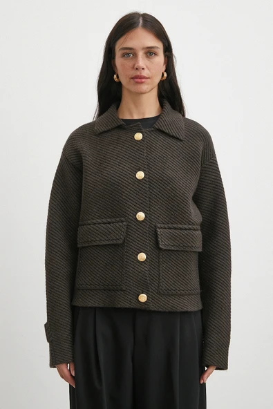 Polo Yaka Cepli Gold Düğmeli Ceket Kahve - Resim 4