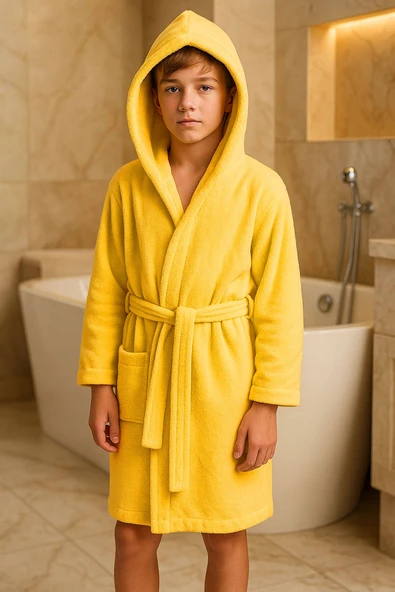 Genç Kız / Erkek Çocuk Kapşonlu Garson Boy Kadife Bornoz %100 Pamuklu - 9