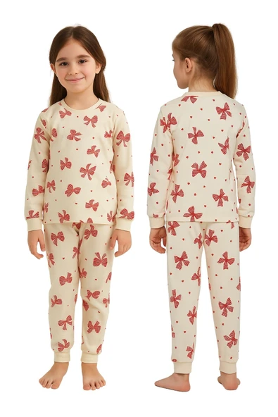 Ekru Renk Kırmızı Fiyonk Baskılı Kız Çocuk Pijama Takımı - Resim 5